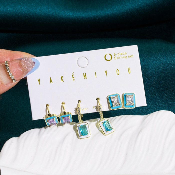 1 Set Yakemiyou Fashion Square Oval Copper Inlay Zircon Earrings