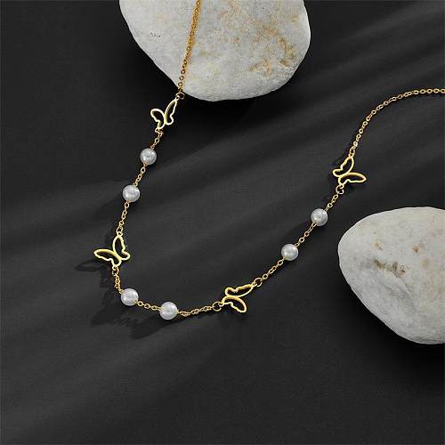 Vintage Style Simple Style Star Butterfly Stainless Steel  Pearl Plating Hollow Out 18K Gold Plated Necklace