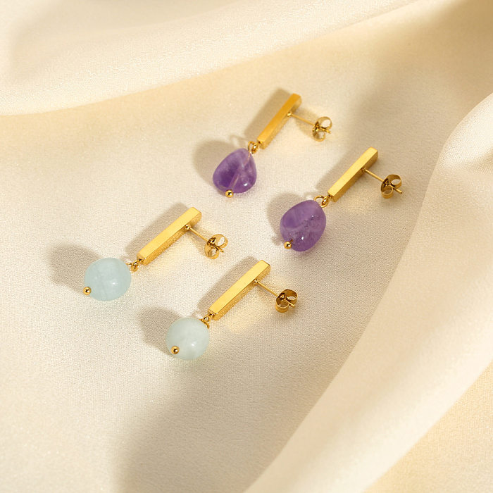 1 Paar einfarbige, plattierte Inlay-Ohrringe aus Edelstahl, Naturstein, Naturstein, 18 Karat vergoldet