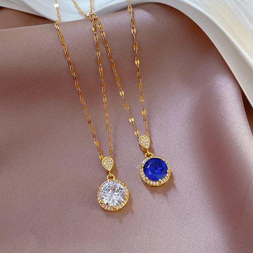 Fashion Round Stainless Steel Copper Plating Inlay Zircon Pendant Necklace