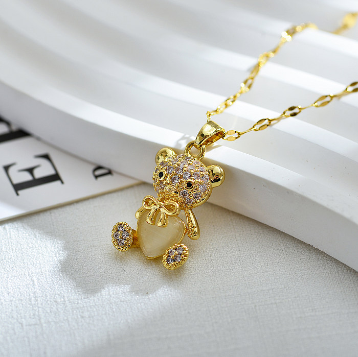 Cute Little Bear Stainless Steel Copper Plating Inlay Zircon 18K Gold Plated Pendant Necklace