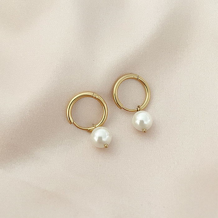 1 par de pendientes chapados en oro con perlas artificiales de acero inoxidable con revestimiento de flores redondas geométricas dulces