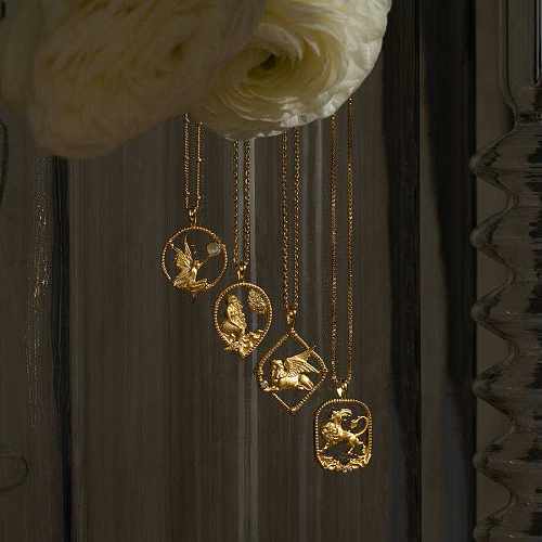 Lässiger, schlichter Stil, geometrischer Löwe, Meerjungfrau, Edelstahl-Beschichtung, 18 Karat vergoldete Anhänger-Halskette