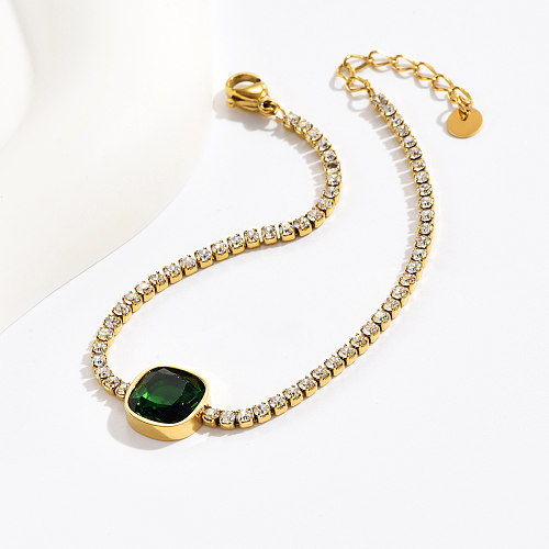 Luxurious Square Stainless Steel Inlay Artificial Rhinestones Zircon 14K Gold Plated Bracelets