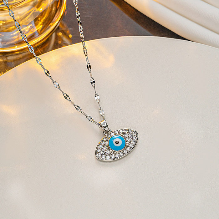 IG Style Devil's Eye Stainless Steel Enamel Plating Inlay Artificial Diamond Pendant Necklace