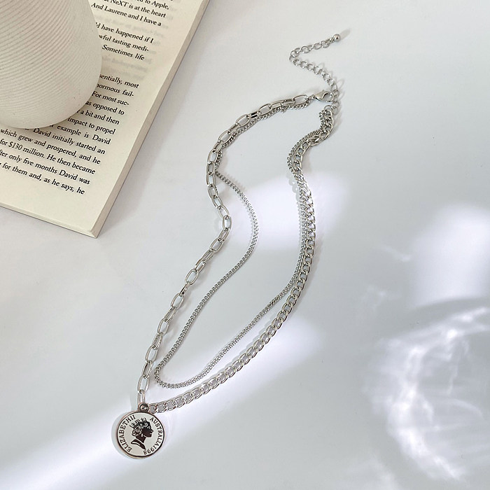 Hip-Hop Vintage Style Portrait Stainless Steel  Plating White Gold Plated Double Layer Necklaces