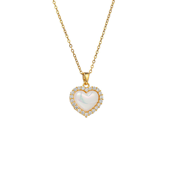 Fashion Four Leaf Clover Heart Shape Stainless Steel Plating Artificial Pearls Zircon Pendant Necklace 1 Piece