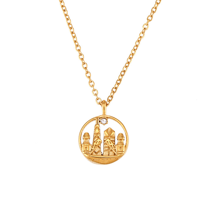 Vintage Style Artistic City Stainless Steel  Plating Inlay Artificial Diamond 18K Gold Plated Pendant Necklace