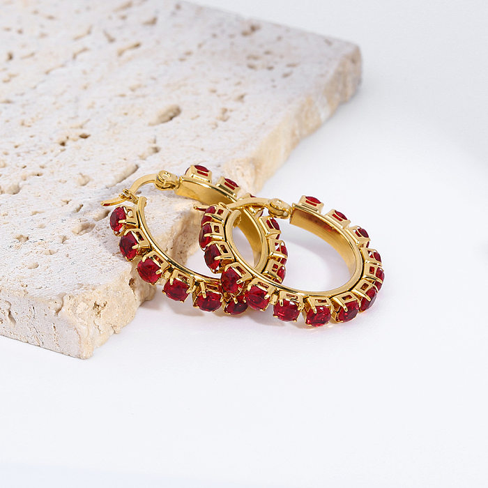 1 Paar elegante Damen-Ohrringe mit runder ovaler Beschichtung und Inlay aus Edelstahl mit Zirkon und 18 Karat Gold