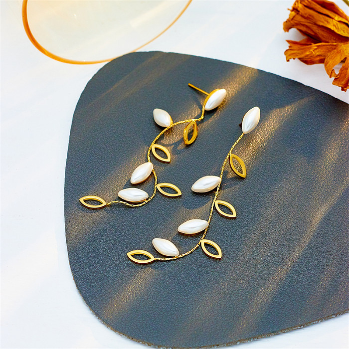 1 Pair Korean Style Leaf Plating Stainless Steel 18K Gold Plated Drop Earrings