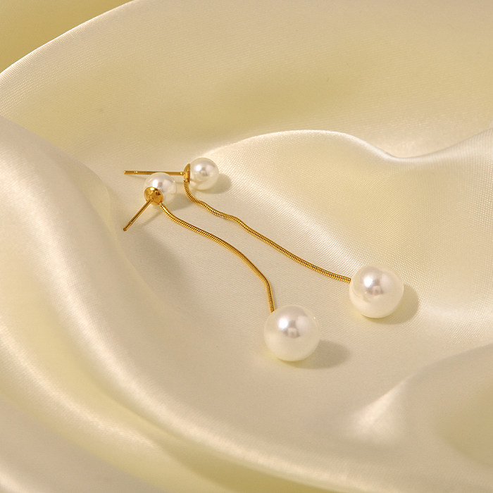 Elegant Round Stainless Steel  Inlay Pearl Drop Earrings 1 Pair
