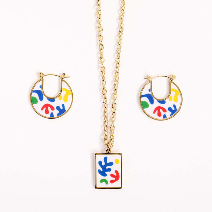 Simple Enamel Color Retro Abstract Square Necklace Round Card Stainless Steel  Earrings Set