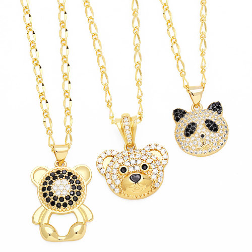 Cute Modern Style Little Bear Panda Stainless Steel  Copper Plating Inlay Zircon 18K Gold Plated Pendant Necklace