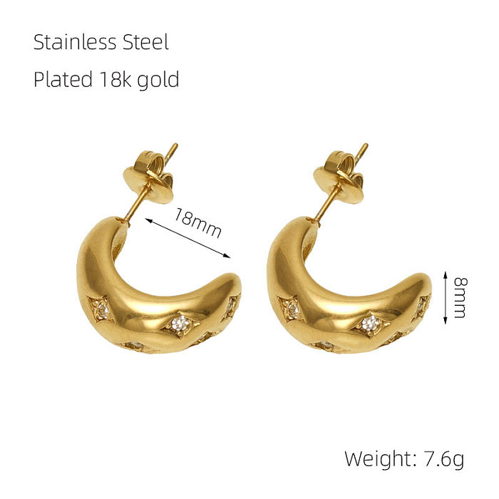 1 par de pendientes elegantes chapados en acero inoxidable con forma de estrella en forma de C con incrustaciones de diamantes de imitación chapados en oro de 18 quilates