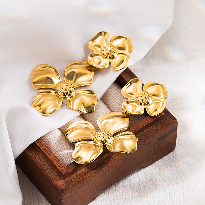 1 paire de boucles d'oreilles pendantes en acier inoxydable plaqué or 16 carats, Style IG, feuilles de Style Simple, couleur unie, placage de fleurs