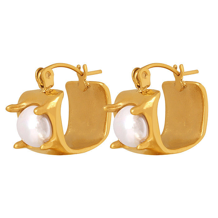1 paire de boucles d'oreilles plaquées or 18 carats, Style moderne et élégant, incrustation ronde en acier inoxydable, perle de verre