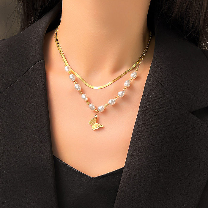 Mode Papillon Acier Inoxydable Placage de Perles Colliers Multicouches 1 Pièce