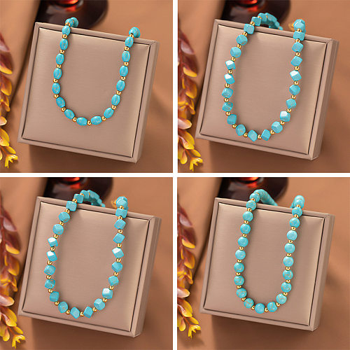 Collier décontracté rétro rond carré ovale turquoise en acier inoxydable avec placage de perles