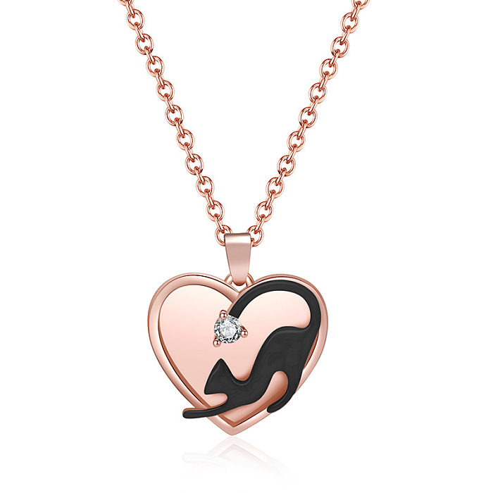Fashion Heart Shape Cat Stainless Steel Inlay Artificial Diamond Pendant Necklace 1 Piece