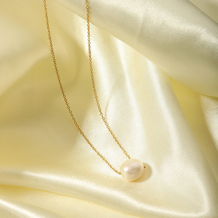 Hawaiian Baroque Style Solid Color Stainless Steel  Freshwater Pearl Beaded Plating 18K Gold Plated Necklace