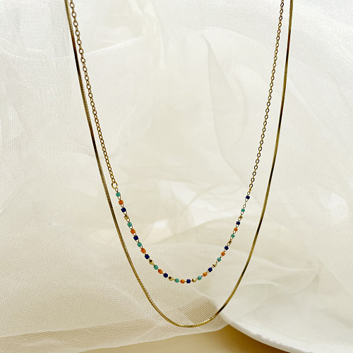 Colliers superposés plaqués or, style Simple et élégant, en acier inoxydable coloré, perles en métal