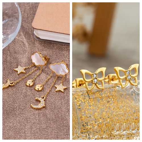 1 par de brincos de orelha banhados a ouro, estilo simples, estilo clássico, nuvens, borboleta, incrustação de aço inoxidável