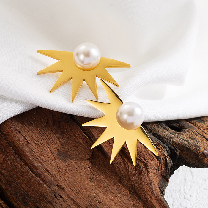 1 par de pendientes chapados en oro de 18K con perlas de acero inoxidable tridimensionales irregulares con hojas de sector exageradas elegantes estilo IG