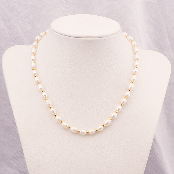 Lady Solid Color Freshwater Pearl Stainless Steel Beaded Plating Necklace