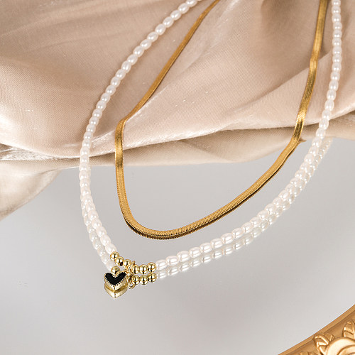 Modische herzförmige Edelstahl-Anhänger-Halskette, vergoldete Perlen-Edelstahl-Halsketten, 2-teiliges Set