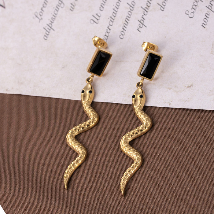 1 Pair Vintage Style Leaves Tassel Snake Plating Inlay Stainless Steel  Zircon 18K Gold Plated Drop Earrings