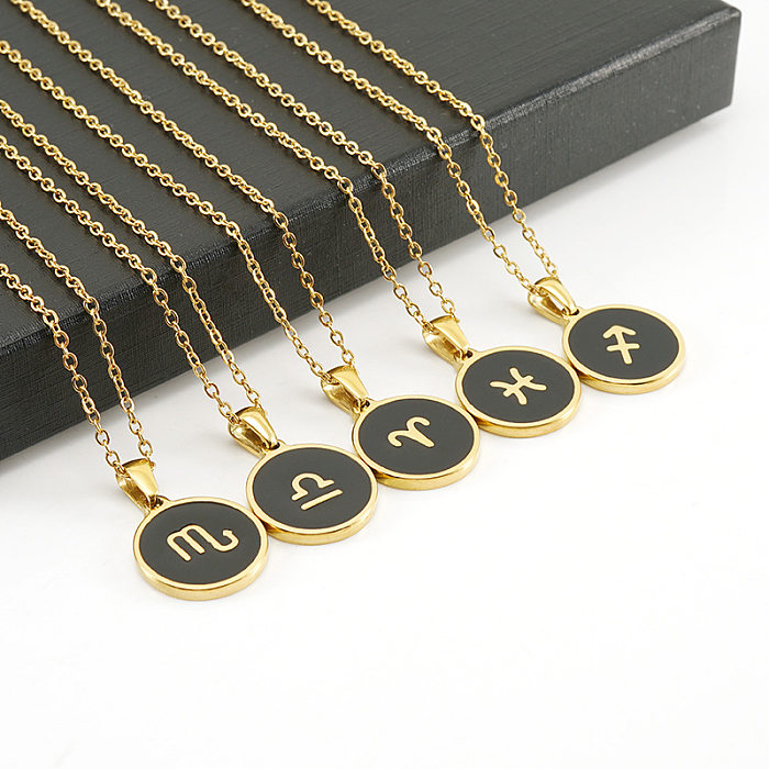 Fashion Round Constellation Stainless Steel  Pendant Necklace Enamel Gold Plated Stainless Steel  Necklaces