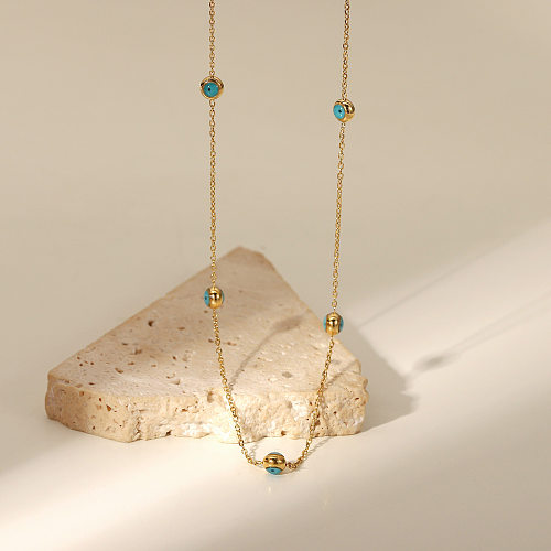 Nouveau Collier fin en perles turquoise en acier inoxydable plaqué or 18 carats