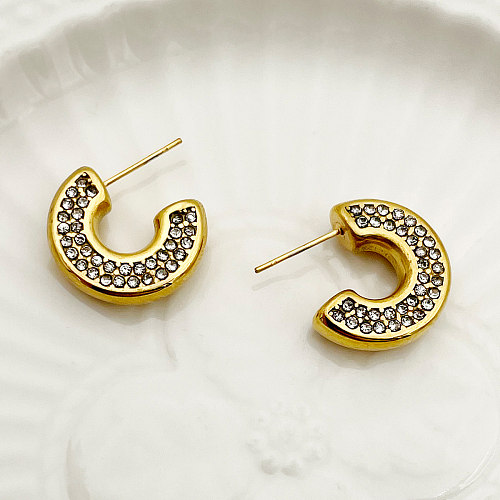 1 Pair Simple Style Commute C Shape Plating Inlay Stainless Steel  Rhinestones Gold Plated Ear Studs