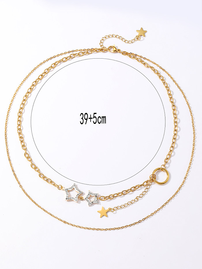 Wholesale Sweet Pentagram Stainless Steel  18K Gold Plated Rhinestones Layered Necklaces