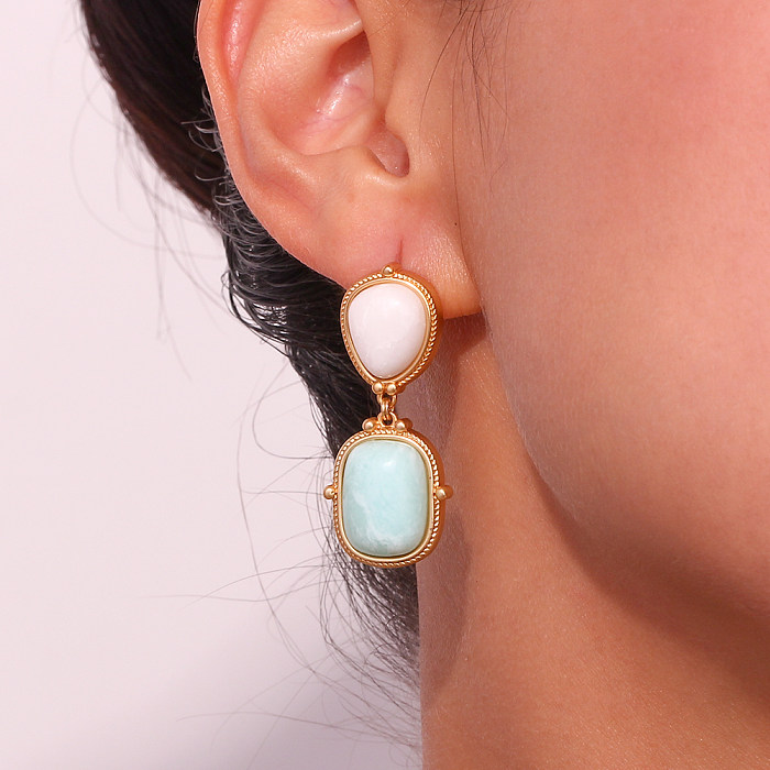 1 Pair Vintage Style Simple Style Classic Style Color Block Plating Inlay Stainless Steel  Natural Stone 18K Gold Plated Drop Earrings