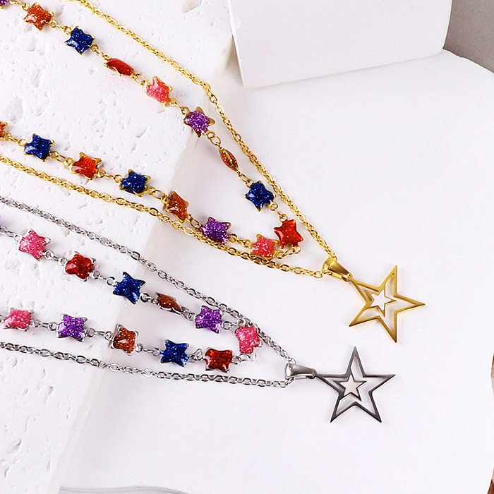 IG Style Star Heart Shape Stainless Steel  Stainless Steel Plating Inlay Artificial Crystal Layered Necklaces
