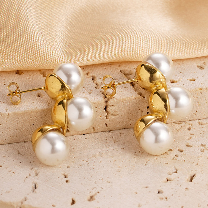 1 par de pendientes chapados en oro con perlas artificiales de acero inoxidable con incrustaciones cuadradas en forma de C de estilo moderno para vacaciones