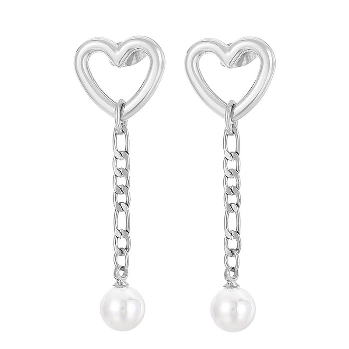1 paire de boucles d'oreilles en forme de cœur, Style moderne, Streetwear, en acier inoxydable, plaqué perles, goutte d'eau