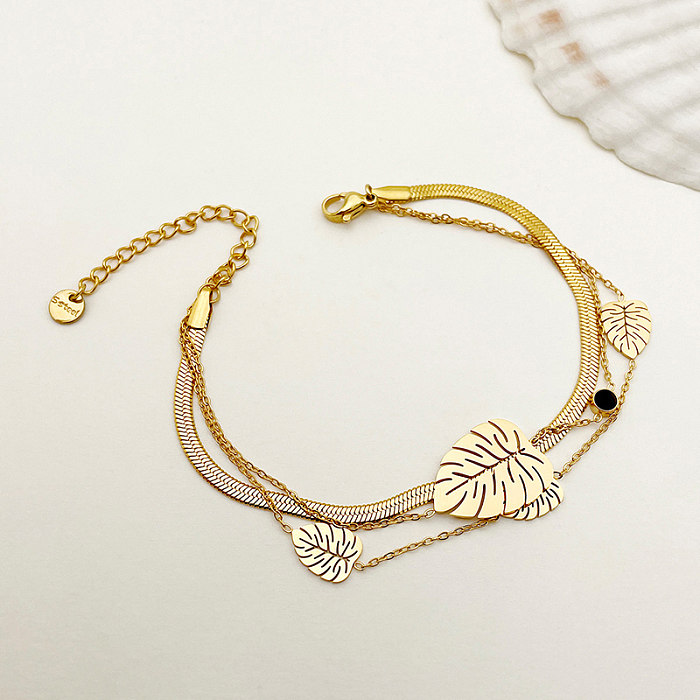 Elegante estilo simples e doce com folhas de aço inoxidável pulseiras de zircão banhadas a ouro a granel