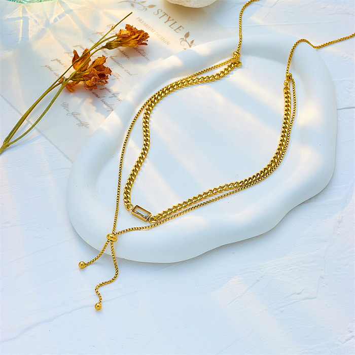 Elegante streetwear retângulo chapeamento de aço inoxidável strass embutidos colares em camadas banhados a ouro 18K