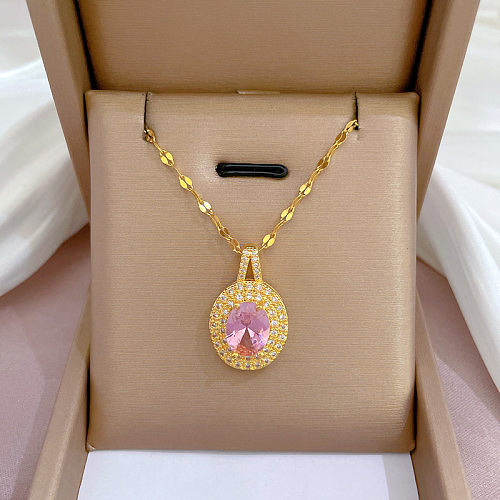 Simple Style Oval Stainless Steel Copper Inlaid Zircon Pendant Necklace
