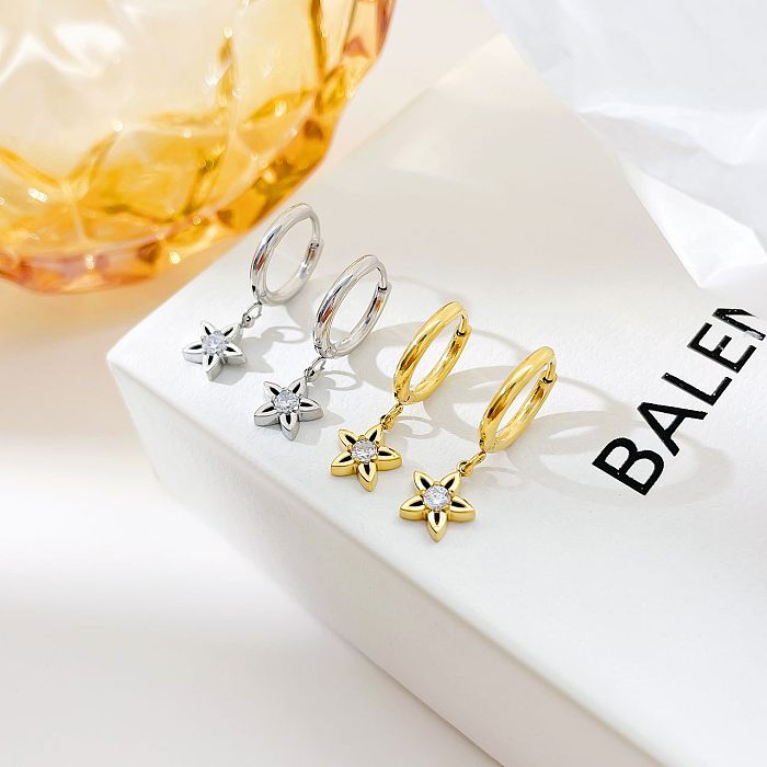 Boucles d'oreilles pendantes en acier inoxydable, 1 paire, Style IG, incrustation de fleurs douces, Zircon, plaqué or blanc