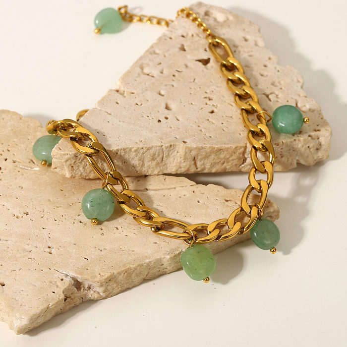 Pingente de borla de pedra natural verde vintage pulseira de aço inoxidável banhada a ouro 18K