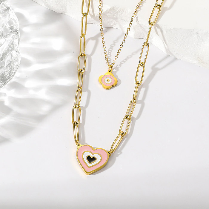 1 Elegant Real Gold Electroplating Oil Dripping Candy Color Flower Love Multi-Layer Necklace All-Match Stainless Steel  Imitation Fade Double-Layer Clavicle Chain