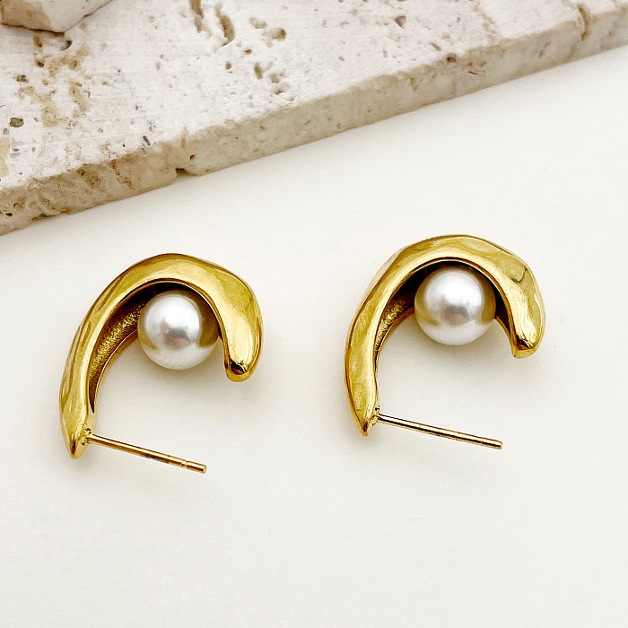 1 Pair Retro Roman Style Pearl Plating Stainless Steel  Gold Plated Ear Studs