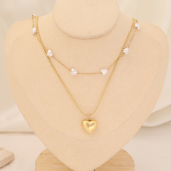 Moda coração forma de aço inoxidável em camadas colares banhado a ouro pérola colares de aço inoxidável 1 peça