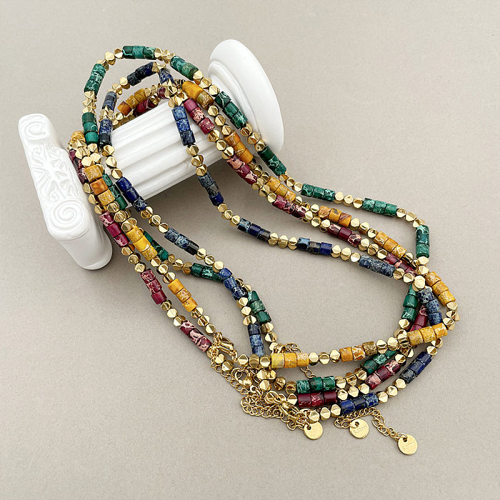 Schlichter Stil, mehrfarbige Halskette mit Naturstein-Perlenbeschichtung aus Edelstahl, 1 Stück