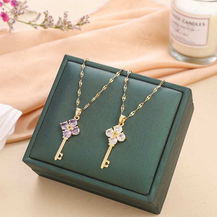 Casual Retro Classic Style Key Stainless Steel  Plating Inlay Zircon 18K Gold Plated Pendant Necklace