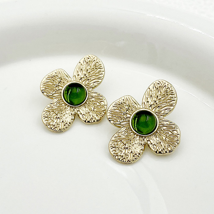 1 Pair Vintage Style Commute Flower Plating Inlay Stainless Steel  Artificial Gemstones Gold Plated Ear Studs