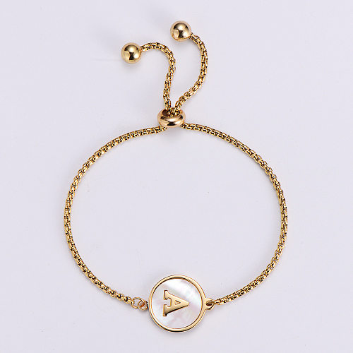 New Stainless Steel Round Inlaid White Shell Adjustable Letter Bracelet